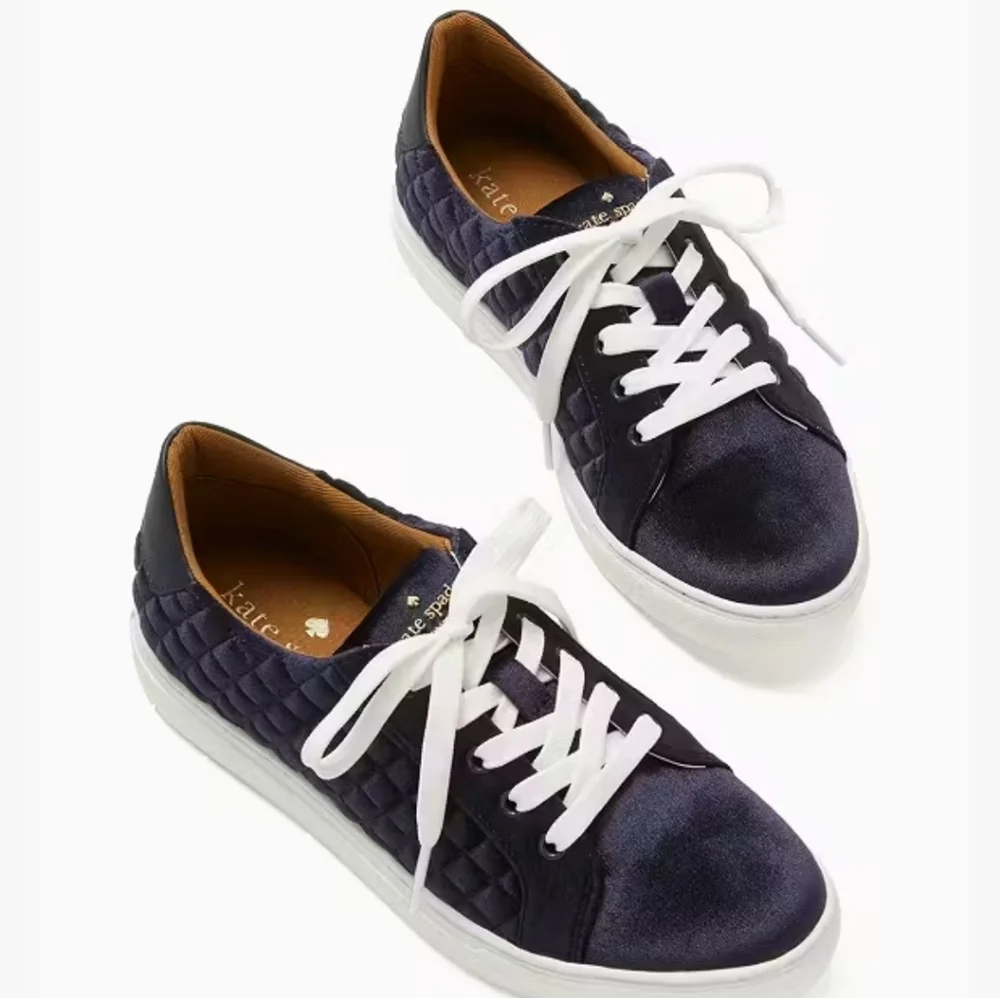 Kate Spade Navy & White Velvet Quilted Lace Up Sneakers Size 10 NEW